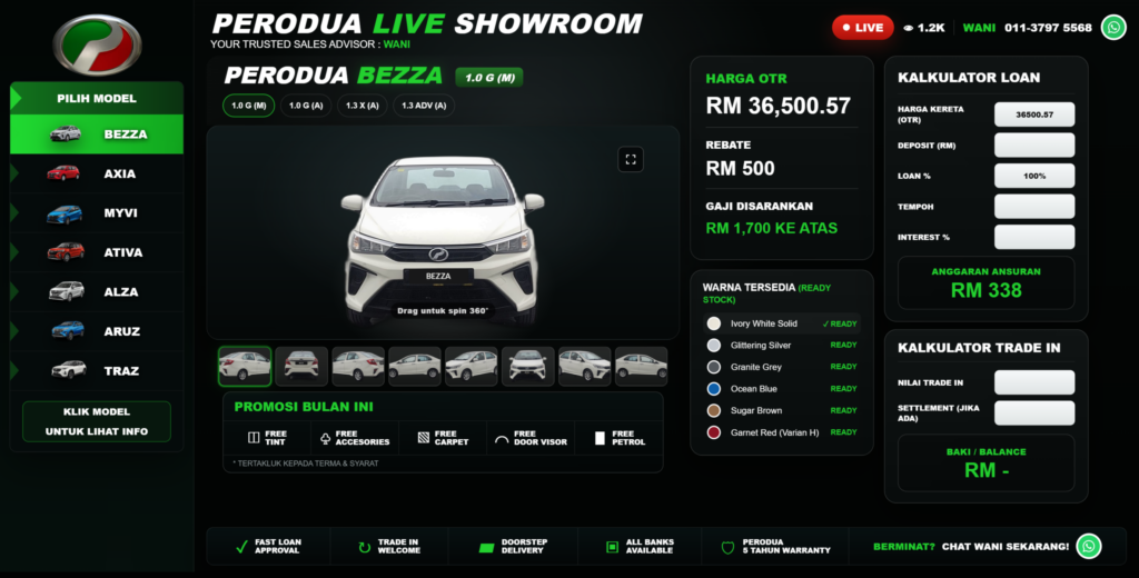 Website design Perodua live showroom dengan pilihan model, promosi dan kalkulator pinjaman